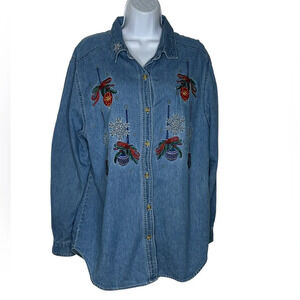 Vintage Bobbie Brooks women’s Christmas ornament denim embroidered shirt Lg